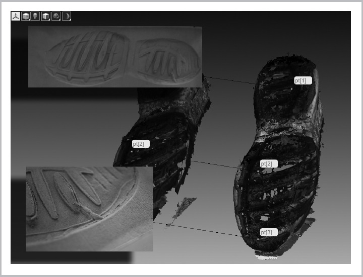 Lábnyom tárgyszkennerrel történt mérése alapján előállított 3D-s modell, amely segítségével a gyanúsított lábbelije és a lábnyom illeszkedése vagy eltérése gyorsan és pontosan vizsgálható.
